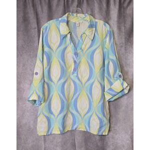 JM Collection 14 100% Linen shirt blouse button up blue white green 3/4 sleeve